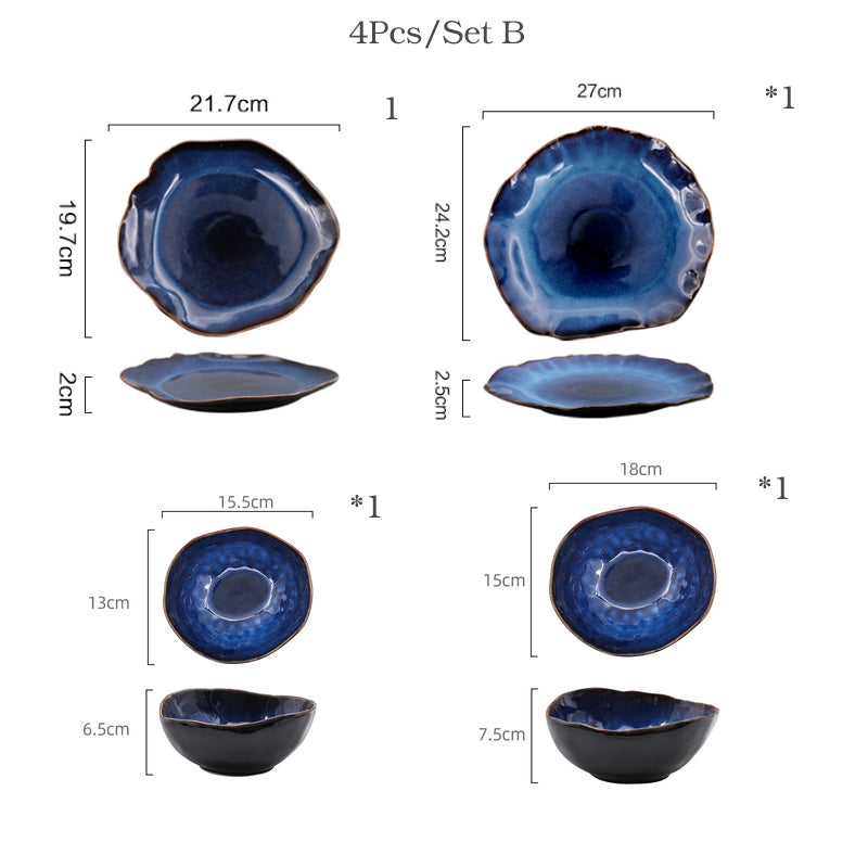 1/2/4 Person Tableware Set Blue Color Ceramics Irregular Shape Dinner Set Dishes Plate