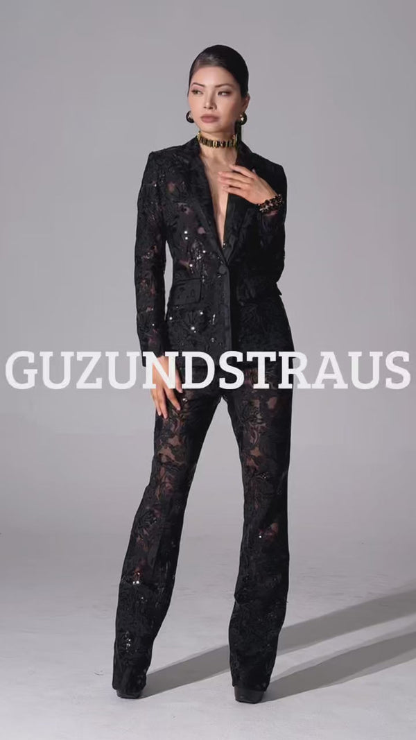 Carie Sequin Floral Blazer Set Black