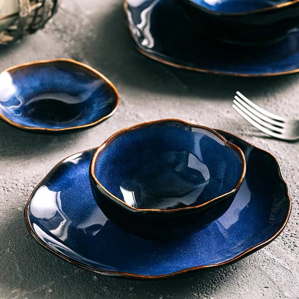 1/2/4 Person Tableware Set Blue Color Ceramics Irregular Shape Dinner Set Dishes Plate hover