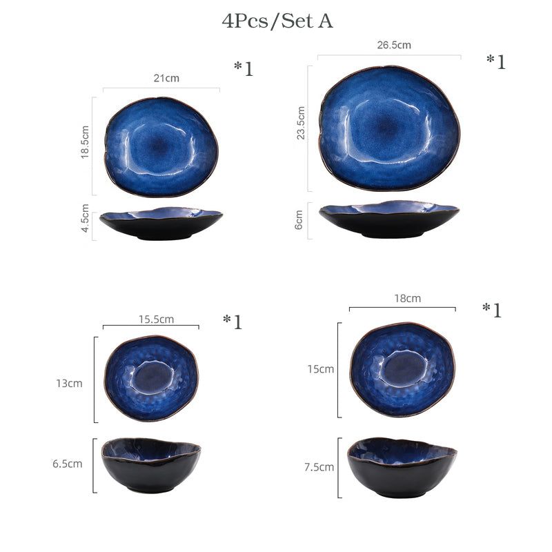 1/2/4 Person Tableware Set Blue Color Ceramics Irregular Shape Dinner Set Dishes Plate