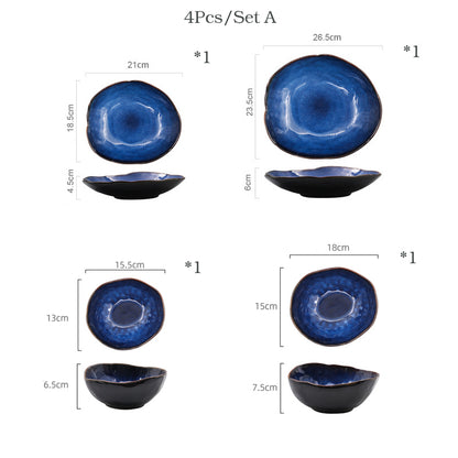 1/2/4 Person Tableware Set Blue Color Ceramics Irregular Shape Dinner Set Dishes Plate