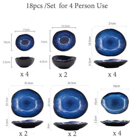 1/2/4 Person Tableware Set Blue Color Ceramics Irregular Shape Dinner Set Dishes Plate