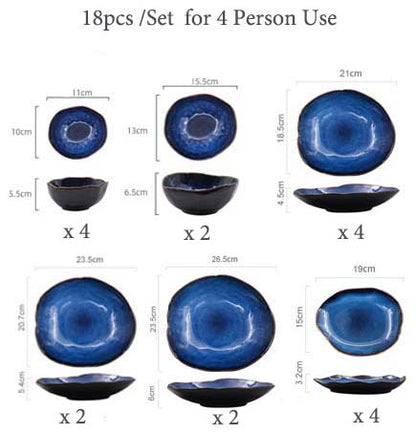 1/2/4 Person Tableware Set Blue Color Ceramics Irregular Shape Dinner Set Dishes Plate