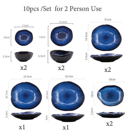 1/2/4 Person Tableware Set Blue Color Ceramics Irregular Shape Dinner Set Dishes Plate