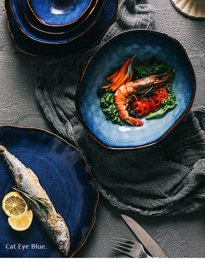 1/2/4 Person Tableware Set Blue Color Ceramics Irregular Shape Dinner Set Dishes Plate