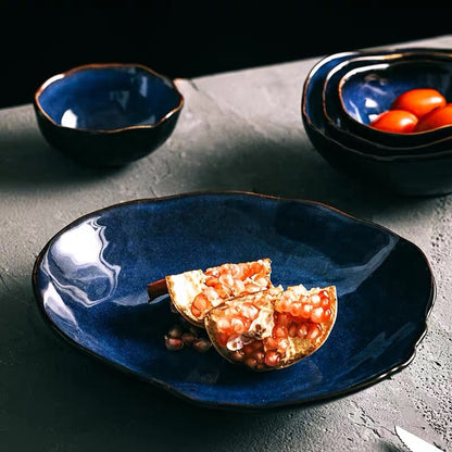 1/2/4 Person Tableware Set Blue Color Ceramics Irregular Shape Dinner Set Dishes Plate