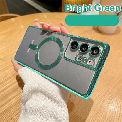 Original Wireless Magnet Plating Case for Magsafe Case Samsung Galaxy S21 Fe S22 Plus S23 S24 Ultra Glass Full Camera Protection