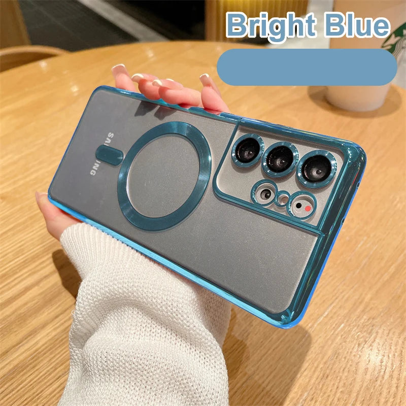 Original Wireless Magnet Plating Case for Magsafe Case Samsung Galaxy S21 Fe S22 Plus S23 S24 Ultra Glass Full Camera Protection