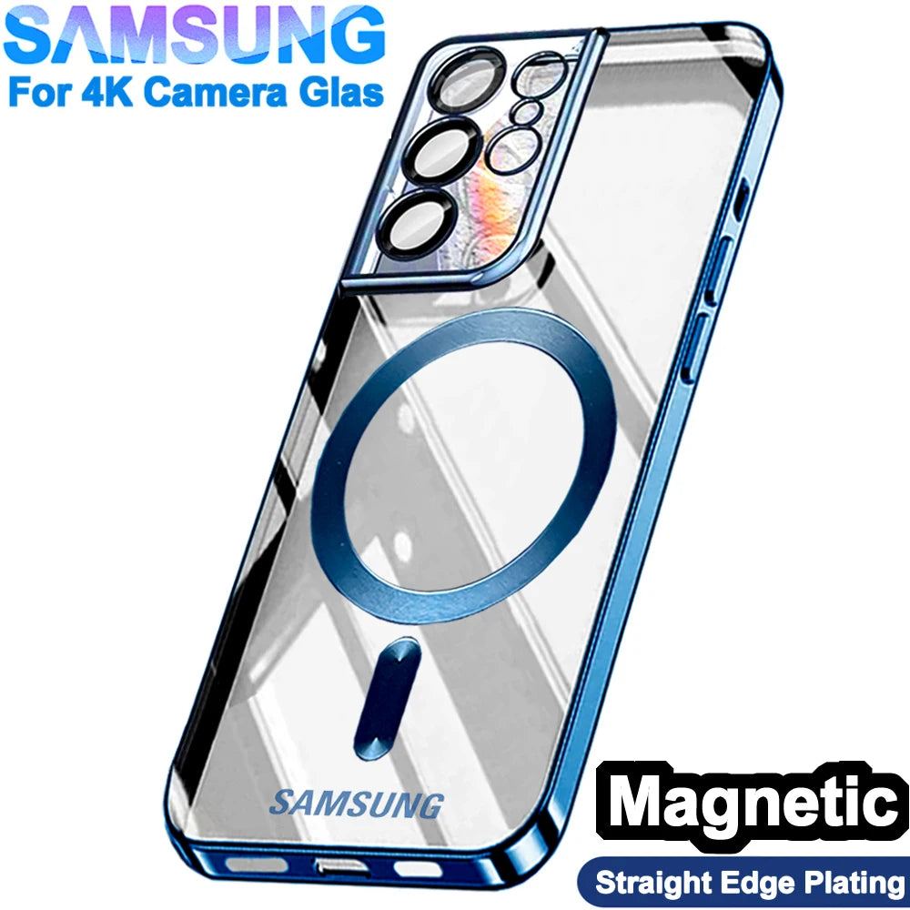Original Wireless Magnet Plating Case for Magsafe Case Samsung Galaxy S21 Fe S22 Plus S23 S24 Ultra Glass Full Camera Protection