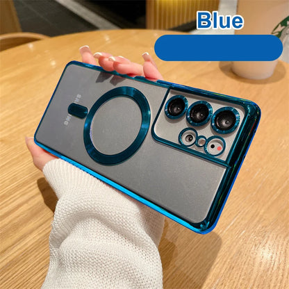Original Wireless Magnet Plating Case for Magsafe Case Samsung Galaxy S21 Fe S22 Plus S23 S24 Ultra Glass Full Camera Protection