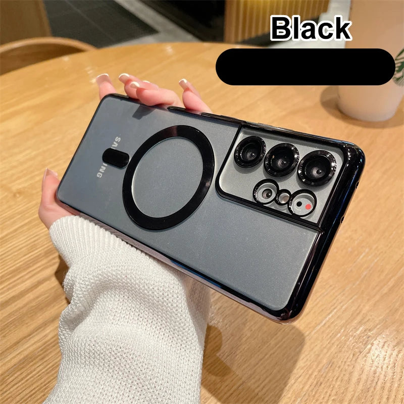 Original Wireless Magnet Plating Case for Magsafe Case Samsung Galaxy S21 Fe S22 Plus S23 S24 Ultra Glass Full Camera Protection