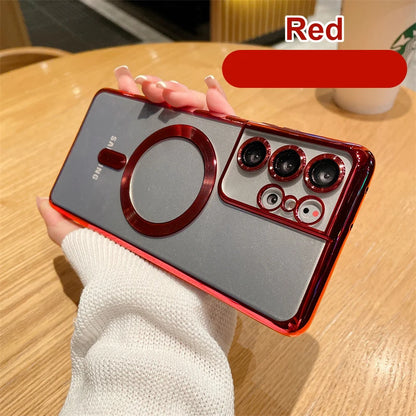 Original Wireless Magnet Plating Case for Magsafe Case Samsung Galaxy S21 Fe S22 Plus S23 S24 Ultra Glass Full Camera Protection