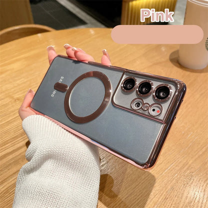 Original Wireless Magnet Plating Case for Magsafe Case Samsung Galaxy S21 Fe S22 Plus S23 S24 Ultra Glass Full Camera Protection