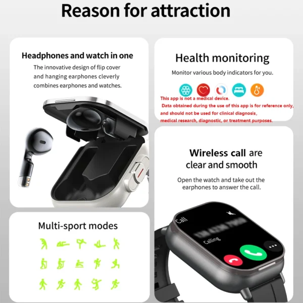 2024 NEW Headset Smart Watch TWS Two In One Wireless Bluetooth Dual Headset Call Health Blood Pressure Sport BT Music Smartwatch - Image 2